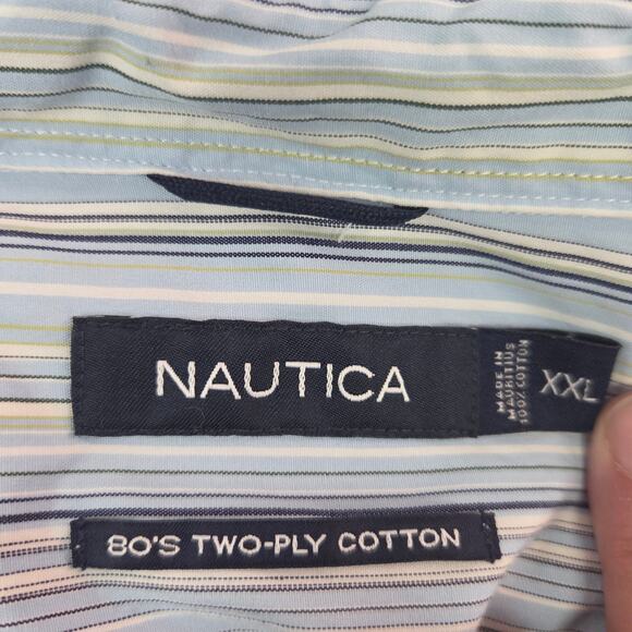 Nautica 80's Two-Ply Cotton XXL Blue/White Striped Long Sleeve Button Up Shirt - Picture 5 of 5